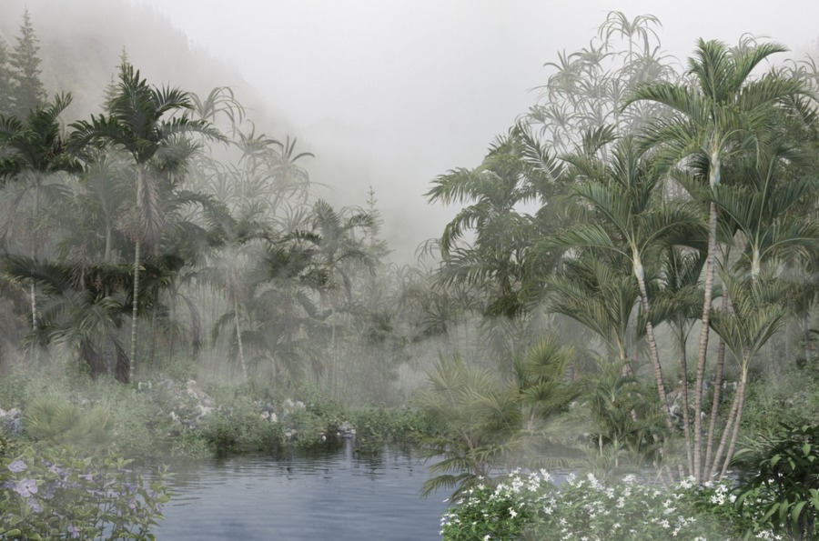 Tropiskt landskap väggmålning i dimma Lake Among Exotic Flowers för sovrum - bild nummer 2