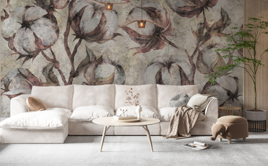 Ljus fototapet med bruna accenter Cotton Flower Wall - huvudproduktbild