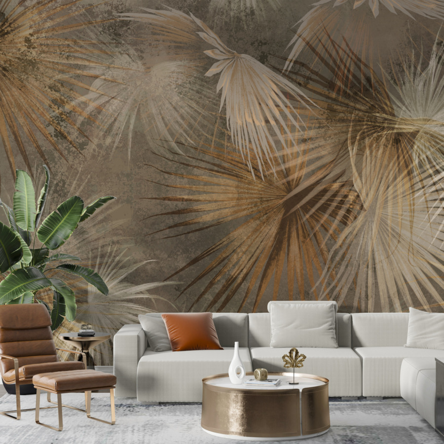 Väggmålning med tropiskt motiv i brunt och grått Starry Palm Leaves - huvudproduktbild