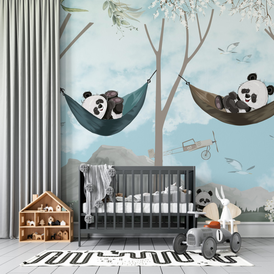 Fototapet i blå toner för barn Joyful Pandas on a Hammock - huvudproduktbild