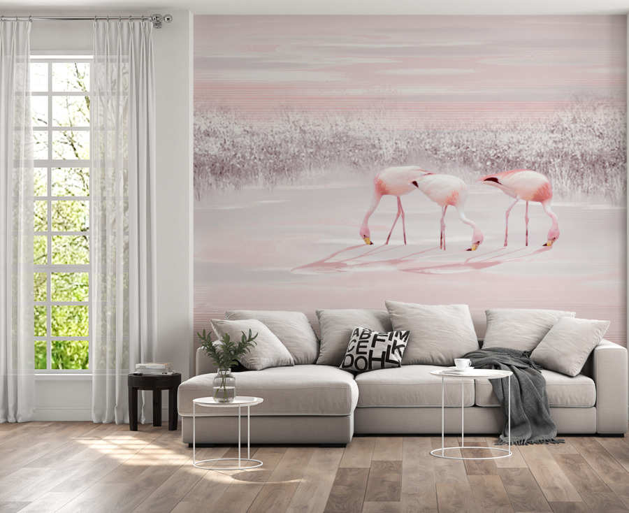 Fototapet i rosa dämpade toner Tre flamingos - huvudproduktbild