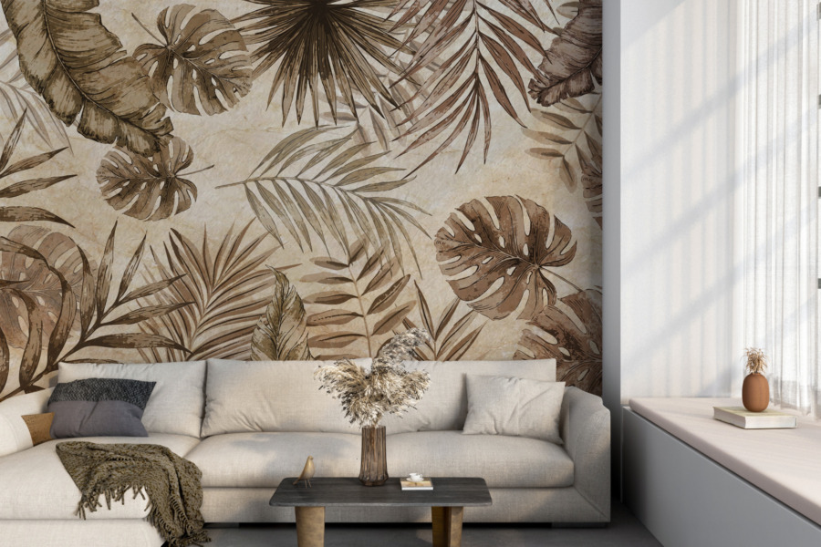 Fototapet i varmt brunt med tropiskt blommotiv Exotic Leaves in Sepia - huvudproduktbild