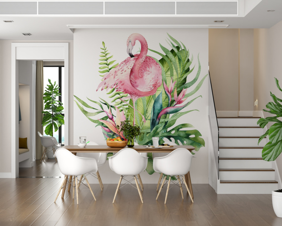 Fototapet på ljus bakgrund med exotiskt motiv Flamingo i blad - huvudproduktbild