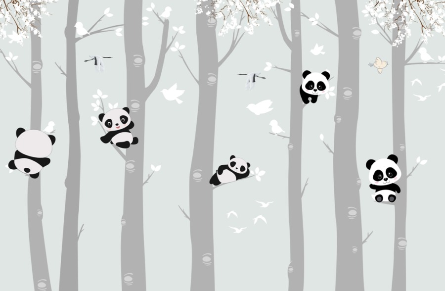 Fototapet för barn i dova färger Panda Bears on Trees - bild nummer 2