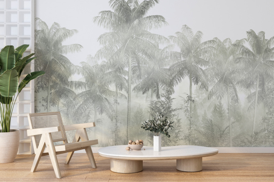 Fototapet i grå nyanser Palms and Fog - huvudproduktbild