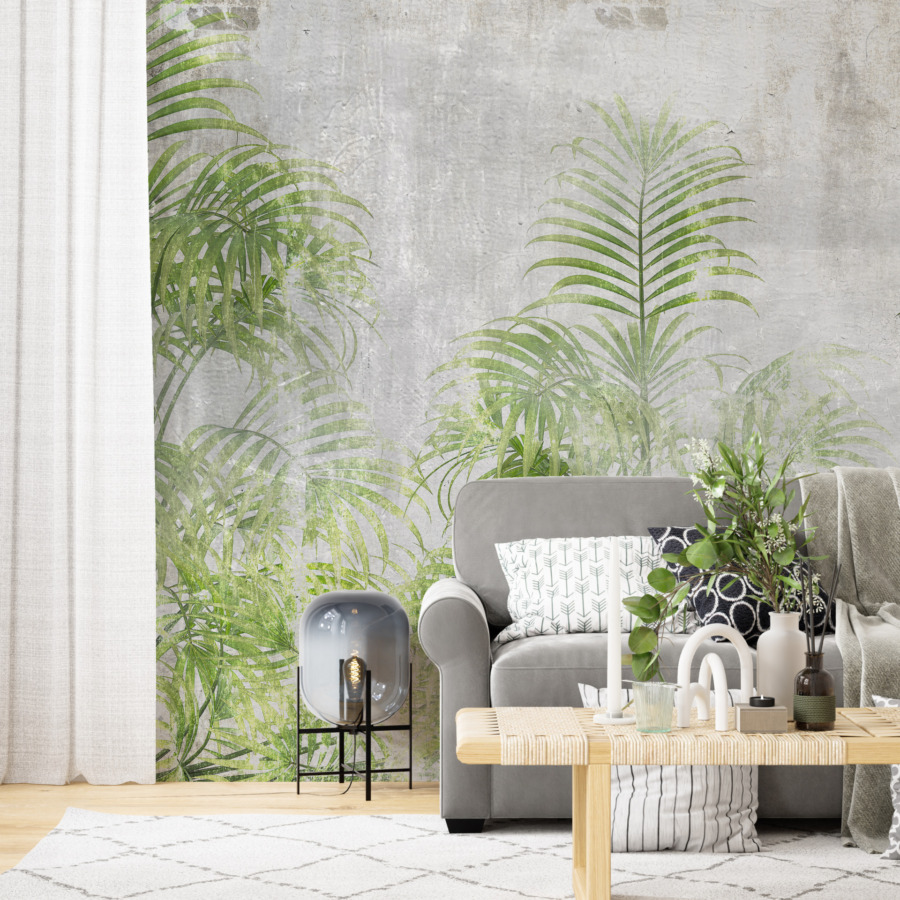 Fototapet med exotiska motiv i grönt och grått Light Palm Green - huvudproduktbild