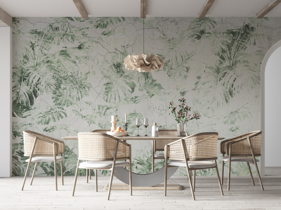 Boho stil väggmålning av monstera löv på en vit bakgrund Rubbed Plant Motif - huvudproduktbild