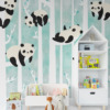 Fototapet i nyanser av vitt, svart och blått med glada karaktären Bamboo Bears för barnrum - huvudproduktbild