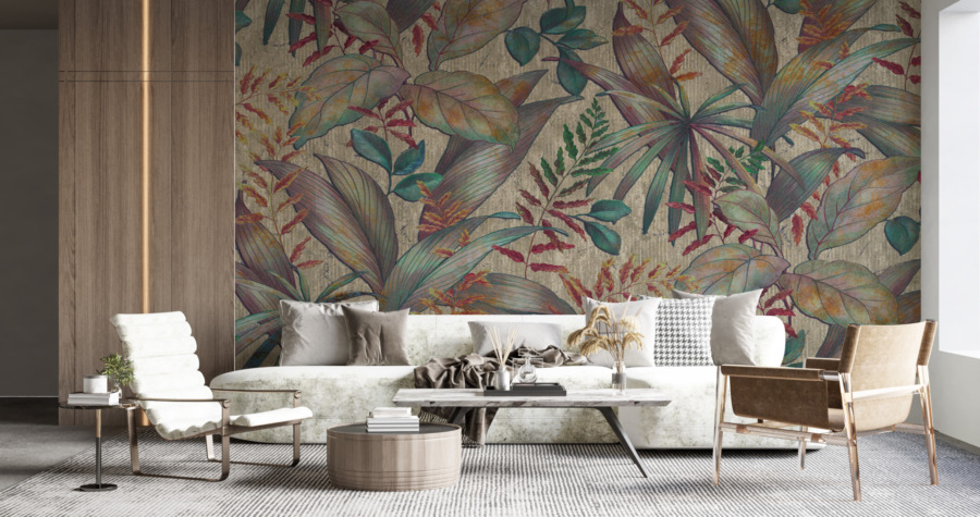 Fototapet i starka färger med populärt blommotiv Colourful Tropical Leaves - huvudproduktbild