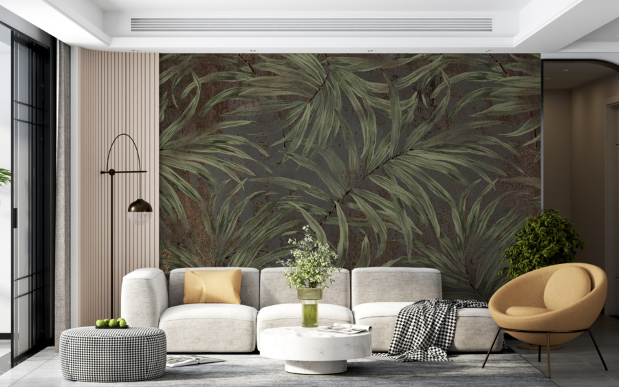 Fototapet i bruna och mörkgröna nyanser med ett stort blommotiv Dracaena leaf green - huvudproduktbild