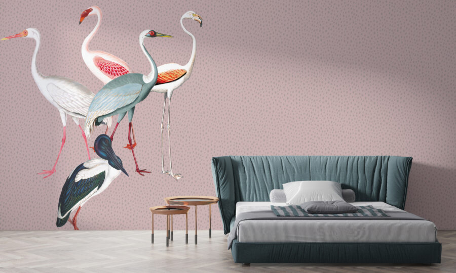 Fototapet med exotiskt färgade fåglar på en olikformig bakgrund Flamingos in Dots - huvudproduktbild