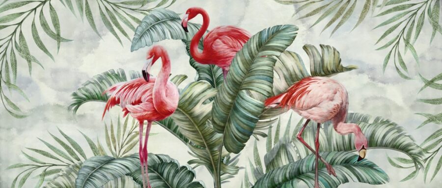 Fototapet i exotiska färger Flamingos in Green - bild nummer 2