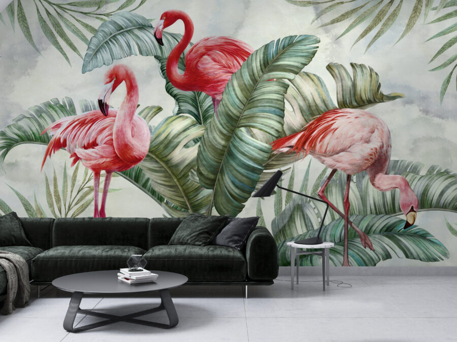 Fototapet i exotiska färger Flamingos in Green - huvudproduktbild