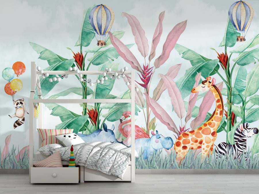 Fototapet i livfulla och glada färger med motiv av exotiska växter och djur Colourful Jungle for Kids - huvudproduktbild