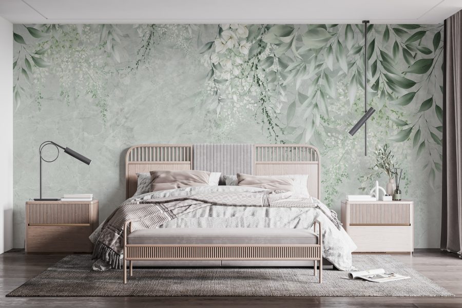 Fototapet med fint blommotiv perfekt för sovrummet Green Leaves - huvudproduktbild