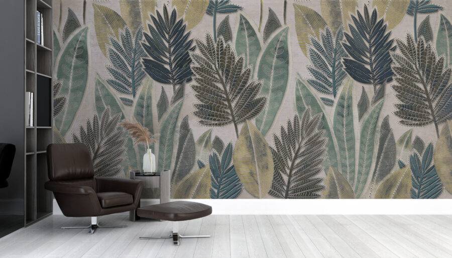 Fototapet med växtmotiv i mörkare toner Painted Leaves - huvudproduktbild