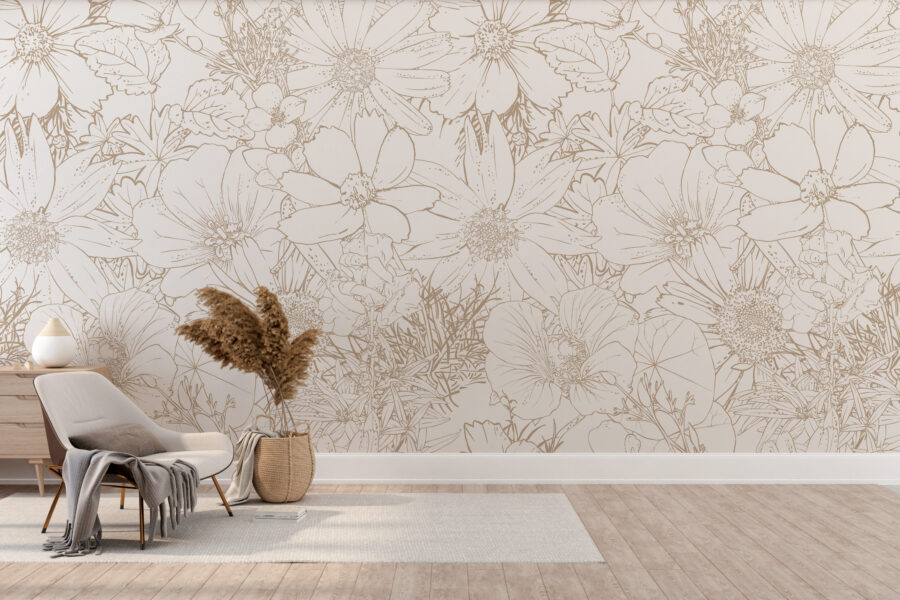 Tapet med klassiskt motiv i varma beige färger Outlines of Flowers - huvudproduktbild