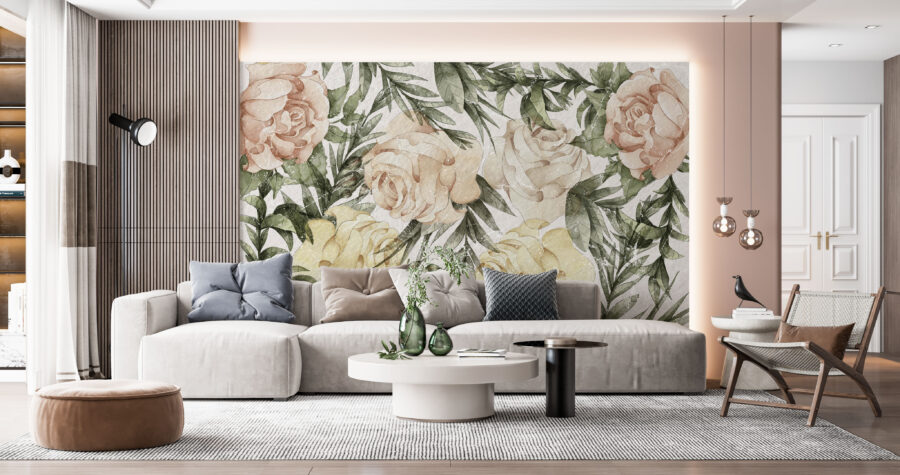 Fototapet med färgglatt blommotiv i boho-stil Painted Roses - huvudproduktbild