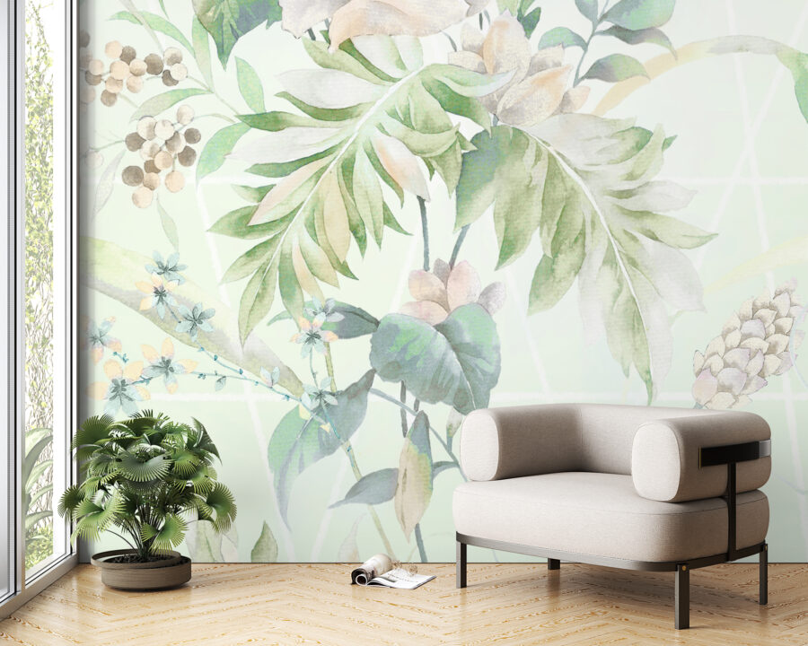 Fototapet med skir grönska och blommotiv Subtle Greenery - huvudproduktbild