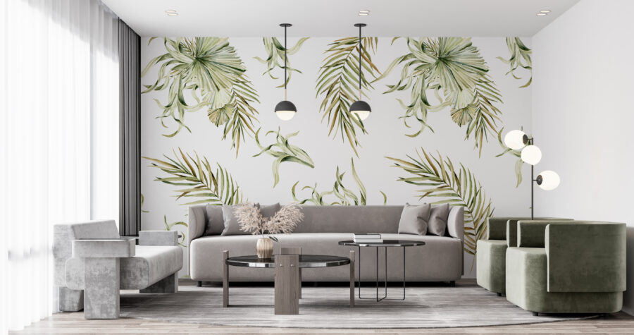 Fototapet i minimalistisk stil med tropiskt blommotiv Grön palm - huvudproduktbild