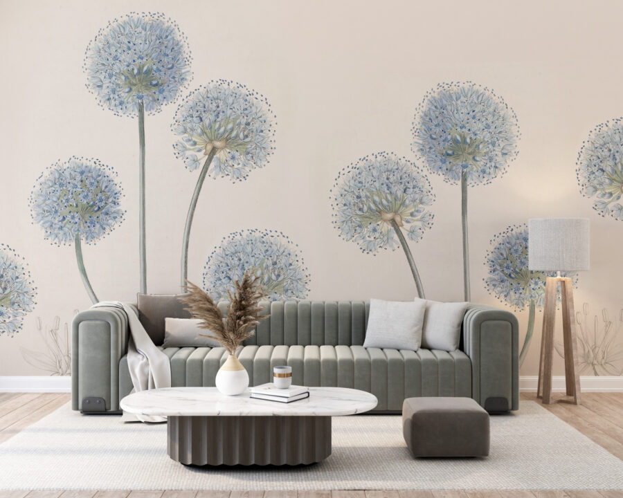 Universell väggmålning med blommotiv elegant och minimalistisk Blue Blowers - huvudproduktbild