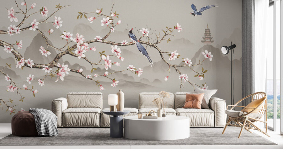 Väggmålning i asiatisk stil, modern grafik med gren av körsbärsblomma och pagod i bakgrunden Körsbärsblomma - huvudproduktbild