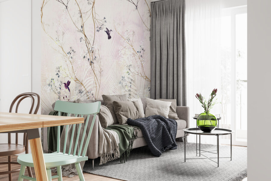 Fototapet i asiatisk stil med subtilt och elegant blomster- och fågelmotiv Rosa kolibri - huvudproduktbild