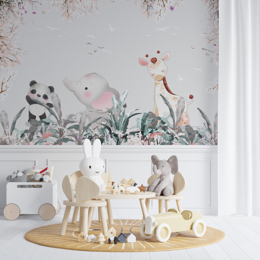 Grafisk väggmålning, exotiska djur bland körsbärsblommor Spring Animals - huvudproduktbild