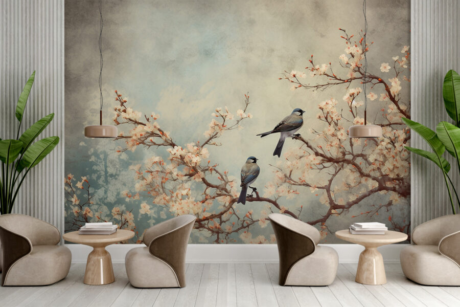 Fototapet i asiatisk stil med klassiskt fågelmotiv på ett blommande träd Birds On A Branch - huvudproduktbild