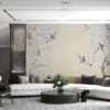 Väggmålning i japansk stil, vackra blommor och blå fåglar, allt på en elegant beige bakgrund Paradisfåglar - huvudproduktbild