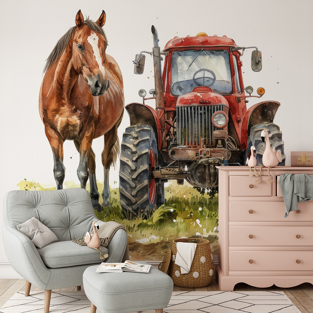 Väggmålning Traktor och häst