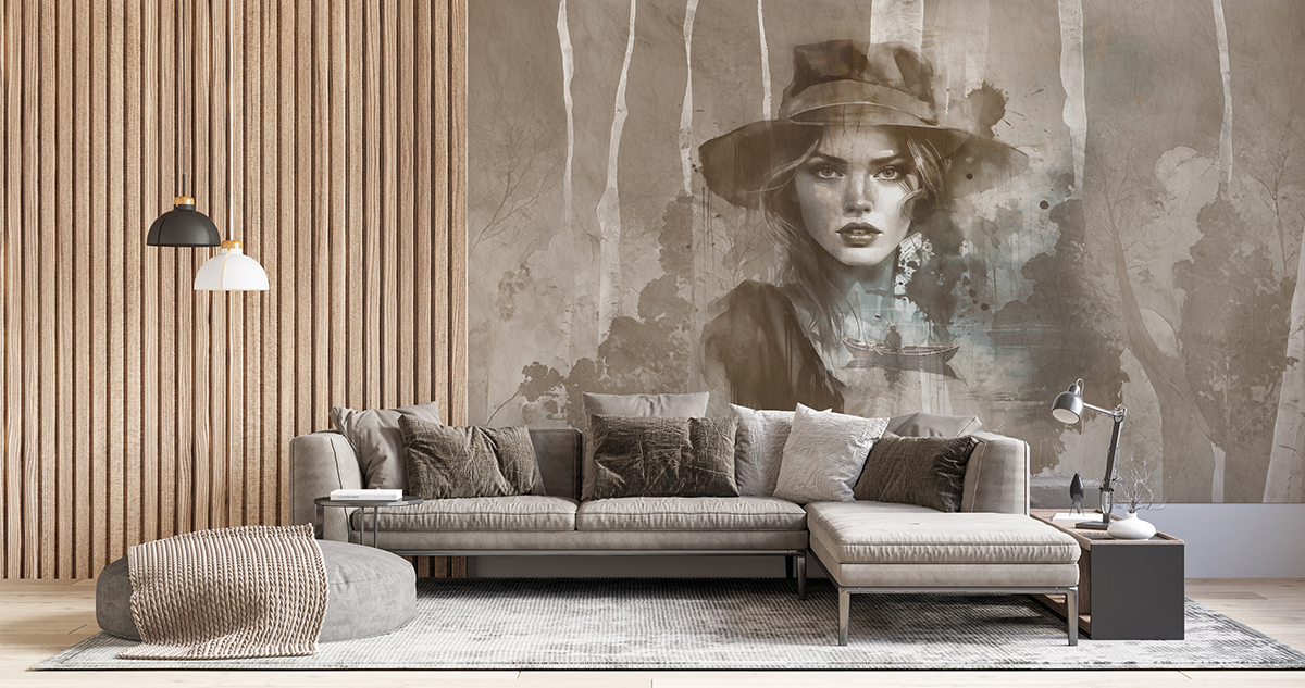 Väggmålning av en kvinna i hatt