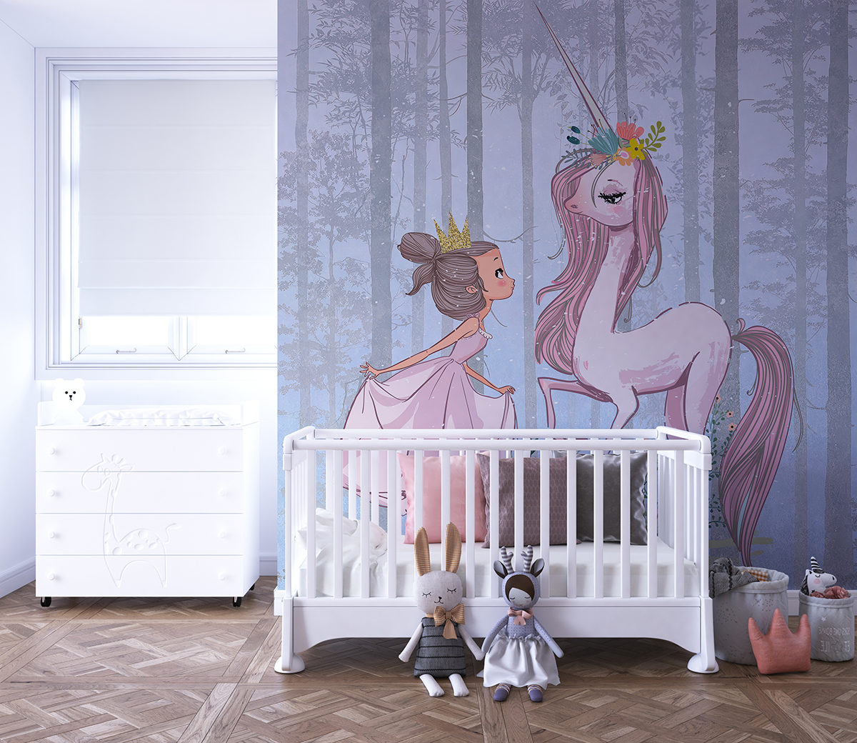 Väggmålning av en prinsessa och en rosa enhörning