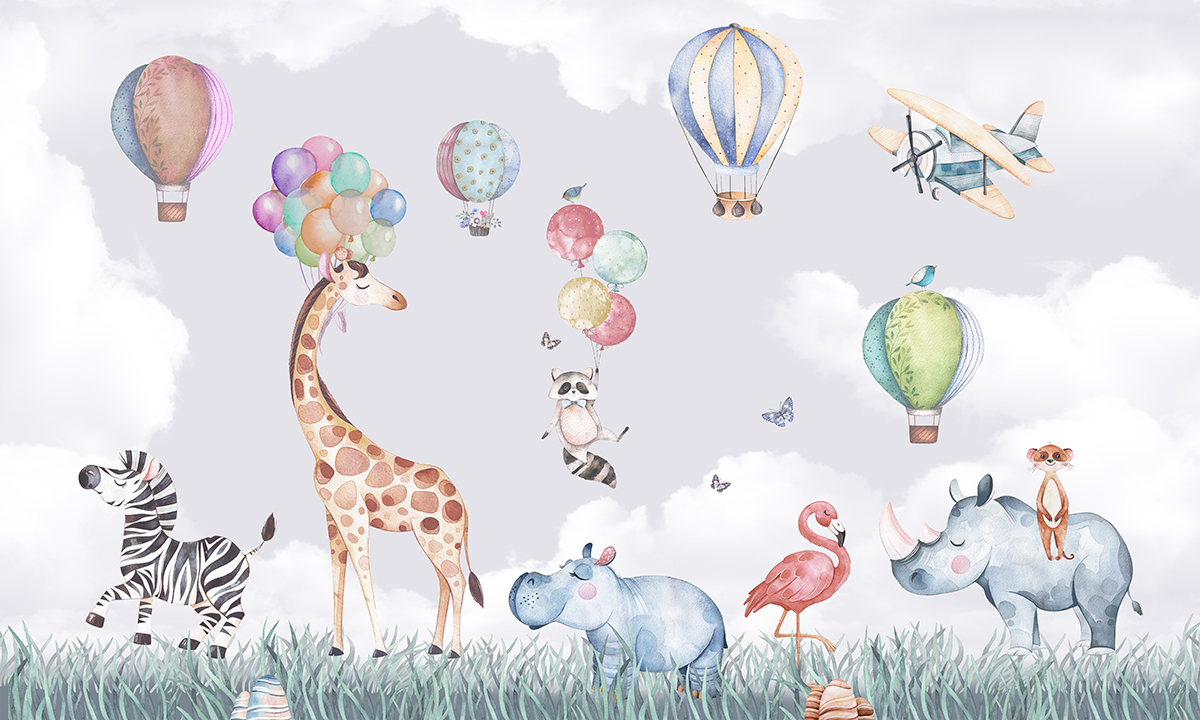 Animals,And,Airship,Wallpaper,Kids,,Safari,Animals,,Giraffe,,Zebra,,Rhino,