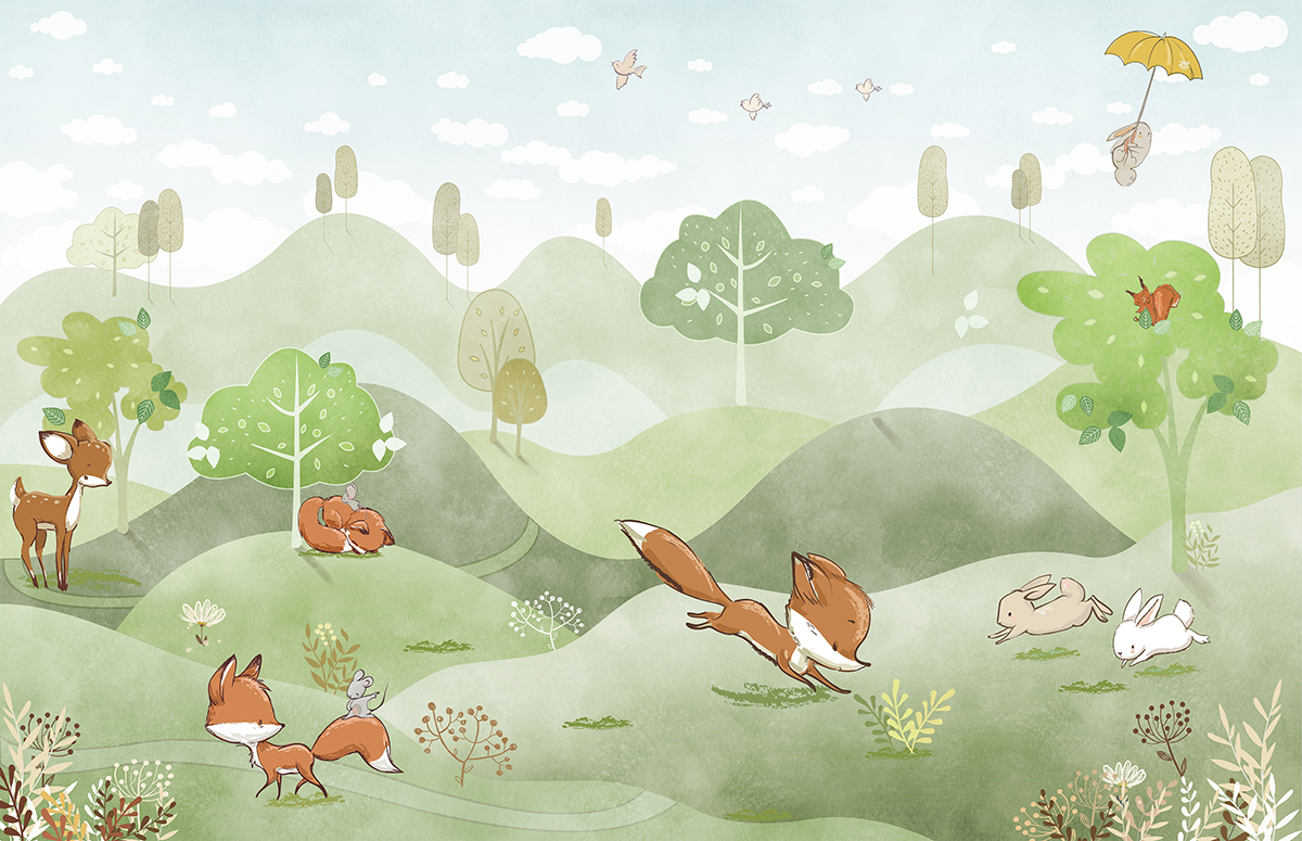 Watercolor,Animals,Wallpaper,Mural,For,Kids,,Forest,Animals,,Green,Forest,