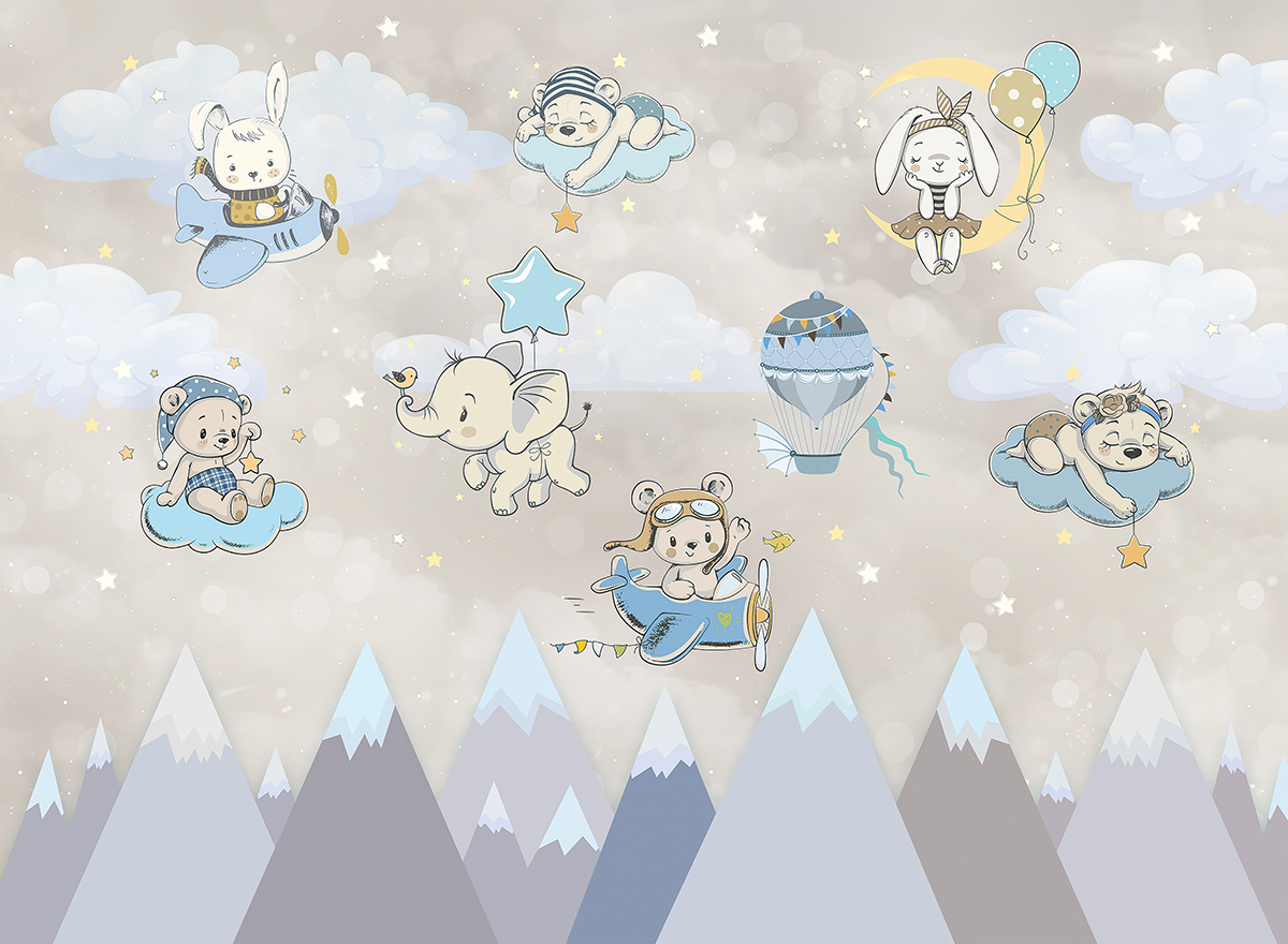 Cute,Animals,,Clouds,,Mountains,,Wallpaper,Mural,,Kids,Room,Decor,,Bunny,