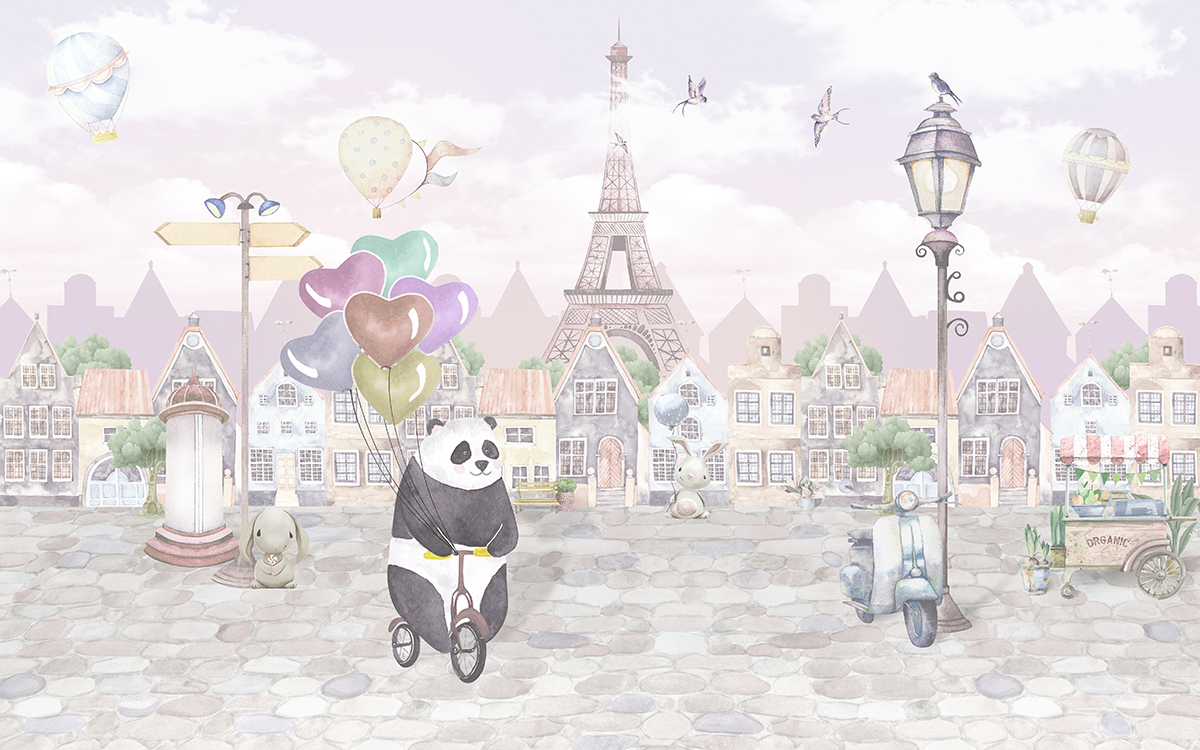 Watercolor,Parisian,Street,,Old,Town,,Wallpaper,,Panda,On,Bike,,Colorful