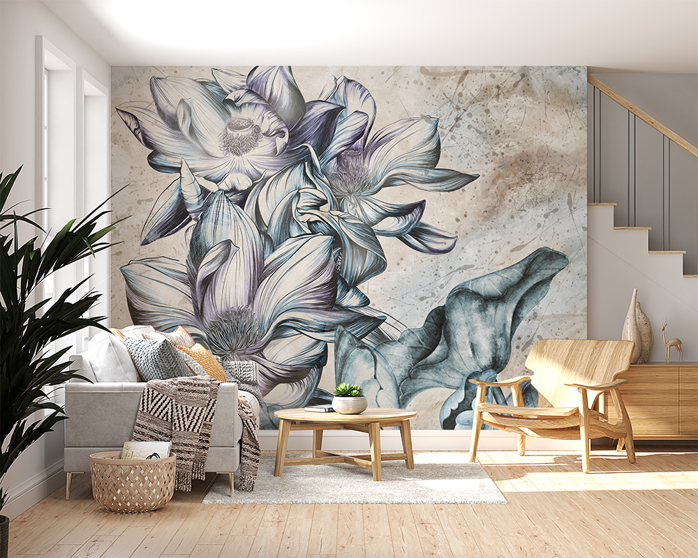 Väggmålning med stora blå blommor