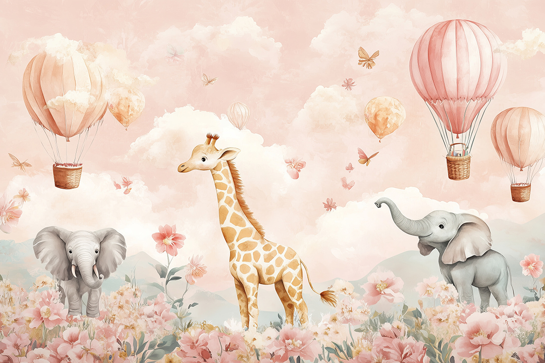 A kids' wallpaper mural featuring cycling animals with balloons,