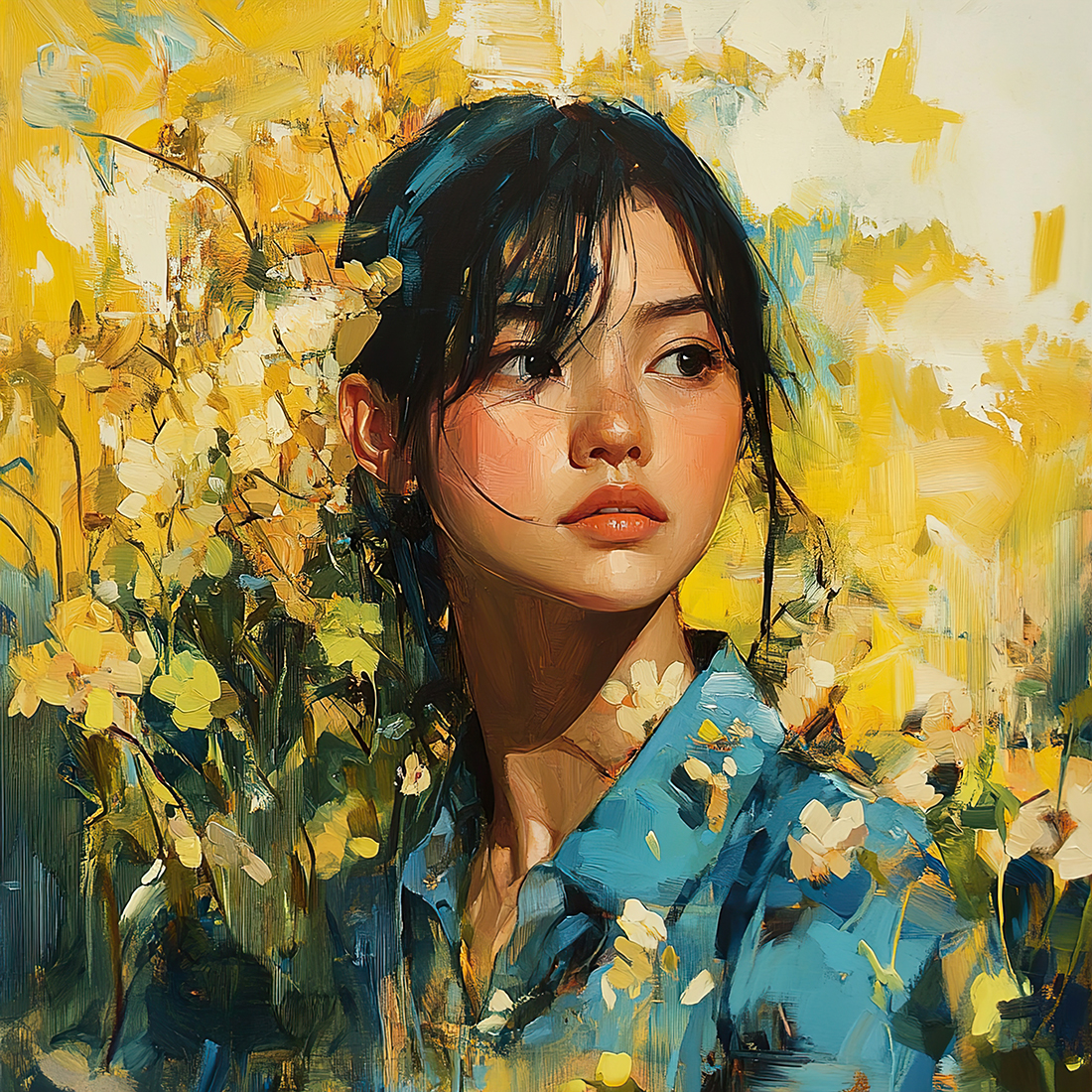 Woman in Yellow Flowers: A Modern Portrait Painting
