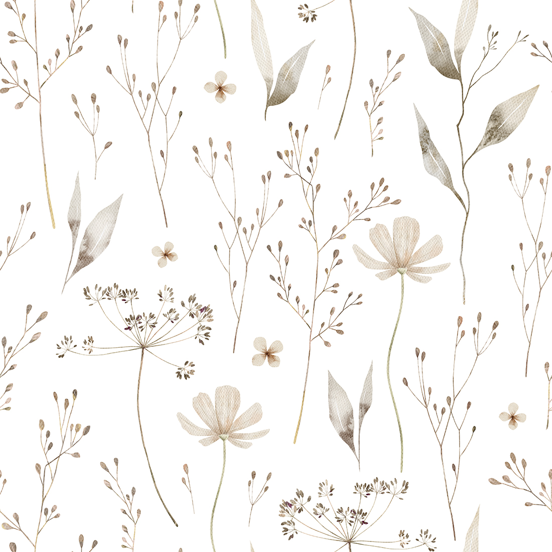 Watercolor seamless pattern with ethereal wildflowers, leaves. W