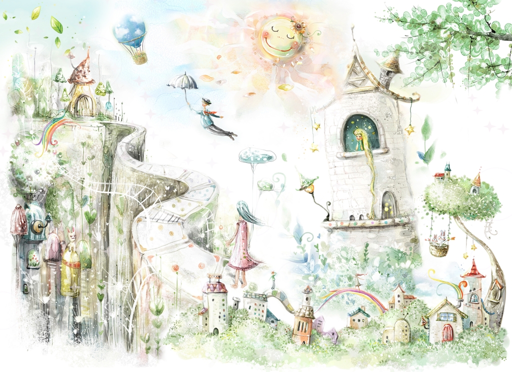 a fairy tale, a small town with cute paths and a big magic tree