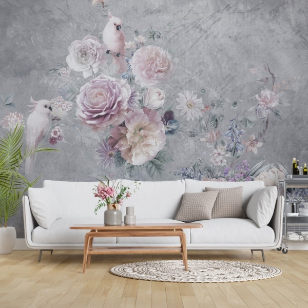 Bakgrund Vita parakiter i blommor