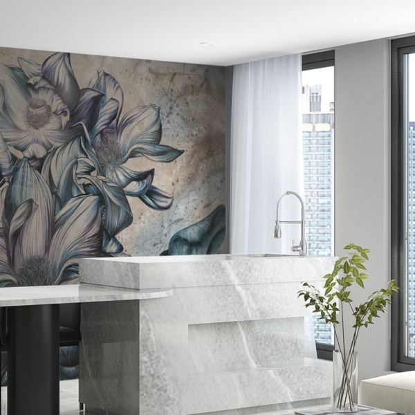 Väggmålning med stora blå blommor