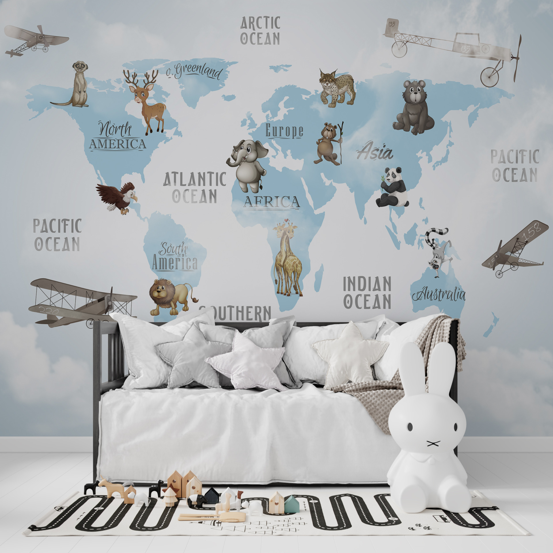 Blå karta över världen väggmålning