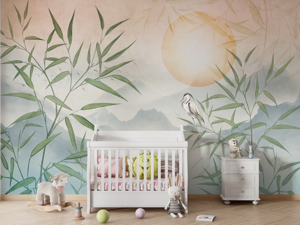 Muralmålad häger mot en bakgrund av solnedgång