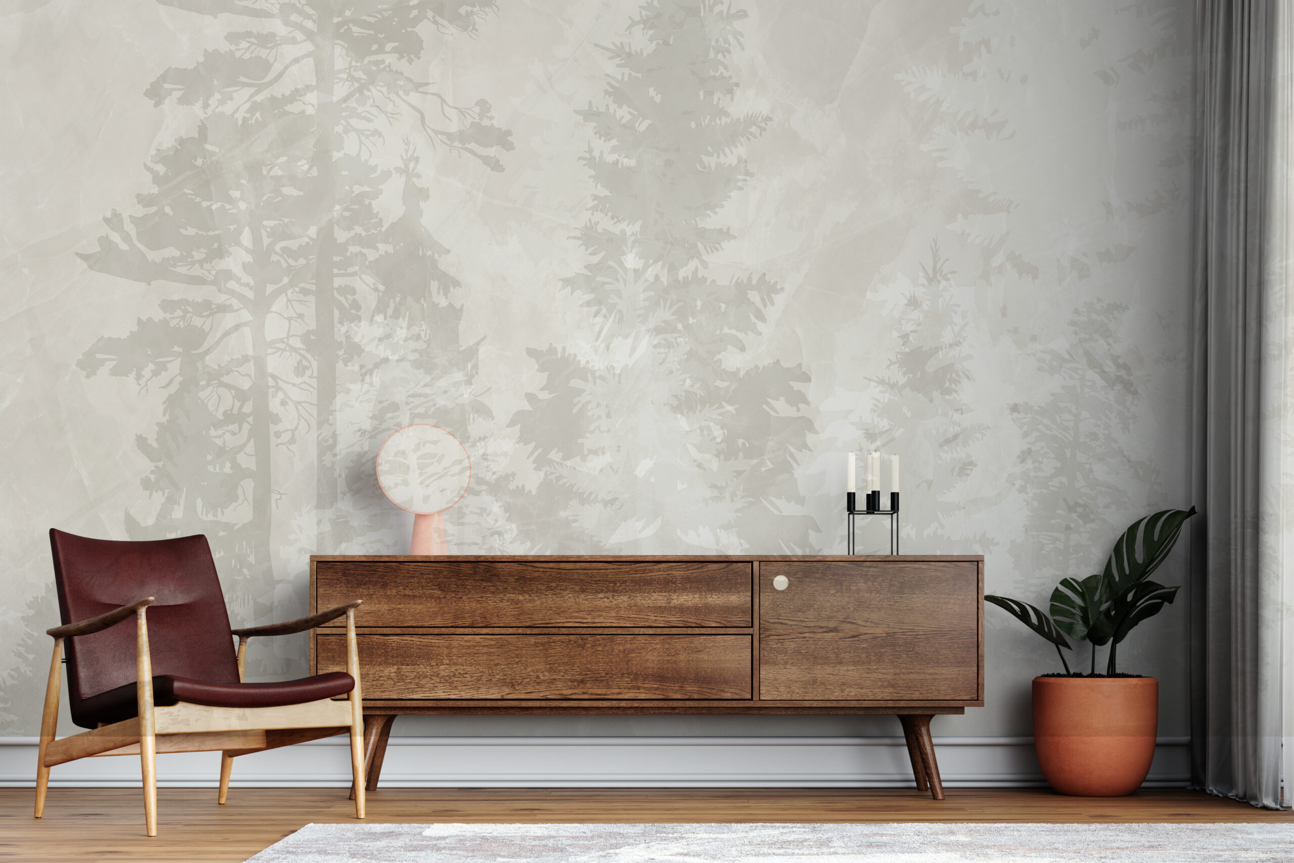 Muralmålning av träd i dimman