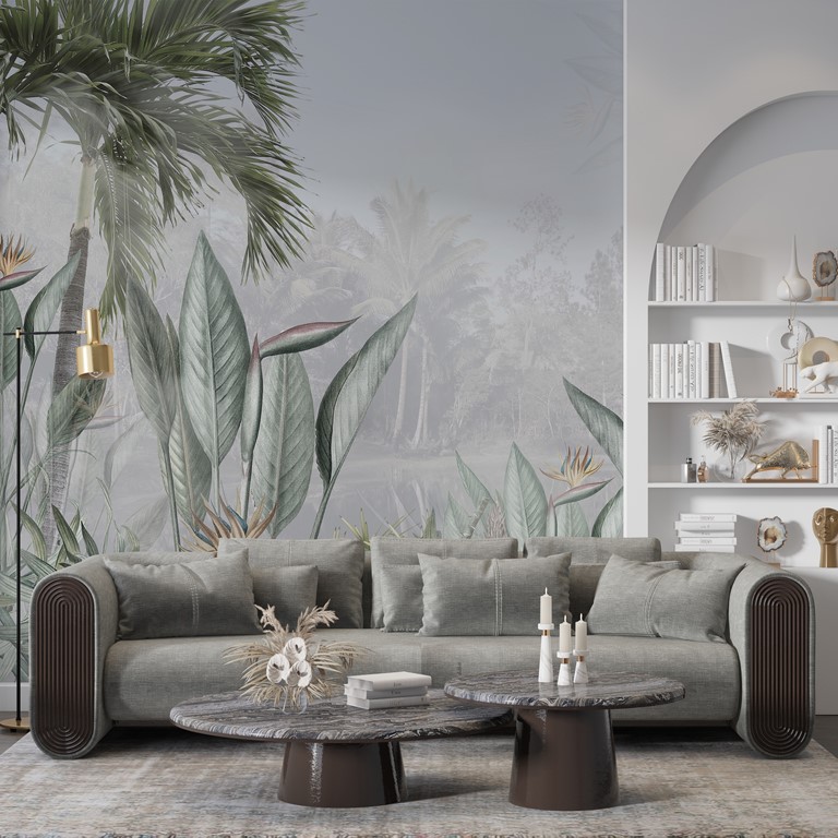 Fototapet Exotiska blommor och palmer i dimman