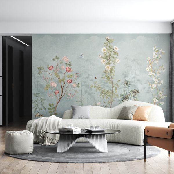 Väggmålning med kvistar i blom