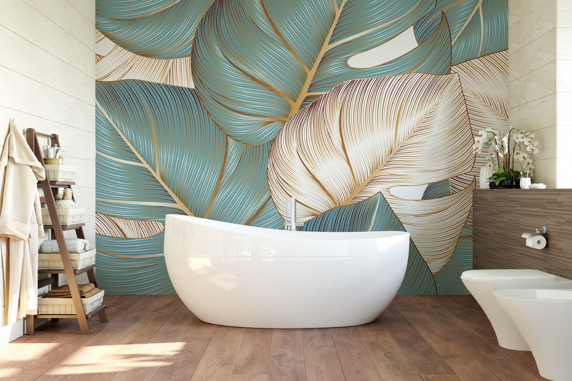 Väggmålning med exotiska blad